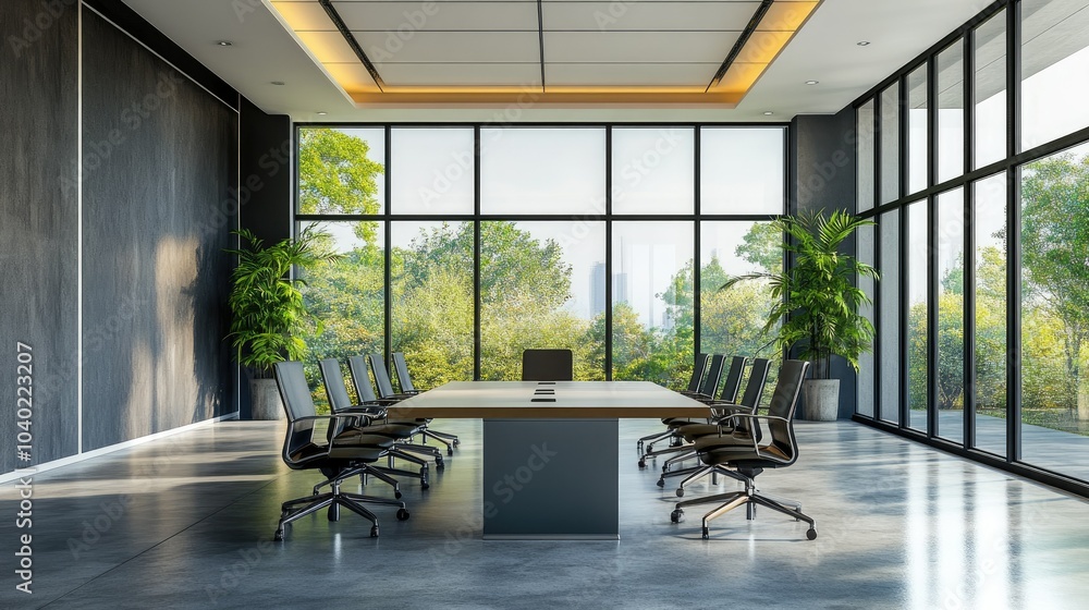 Empty modern conference room with large windows and sleek furniture, ideal for adding text or branding Empty modern conference room with large windows and sleek furniture, ideal for adding text or branding