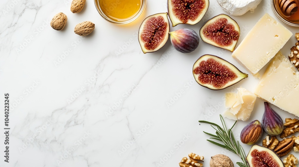Cheese Plate with Figs, Nuts, and Honey Arranged on a Wooden Board Cheese Plate with Figs, Nuts, and Honey Arranged on a Wooden Board