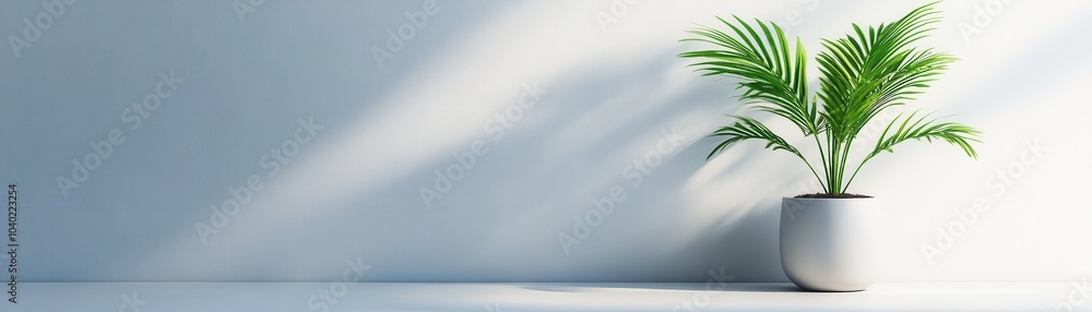 Green palm plant in a white pot with soft shadows on a minimalist background Green palm plant in a white pot with soft shadows on a minimalist background