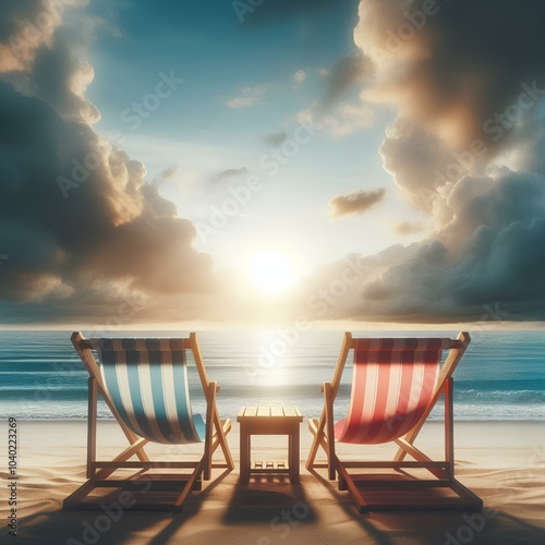 Two beach chairs facing the ocean under a cloudy sky, symbolizing relaxation and tranquility on a beach vacation.