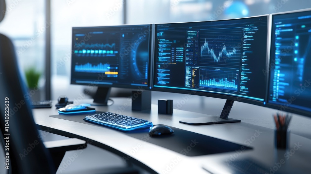 Modern Tech Workspace with Sleek Monitors Modern Tech Workspace with Sleek Monitors