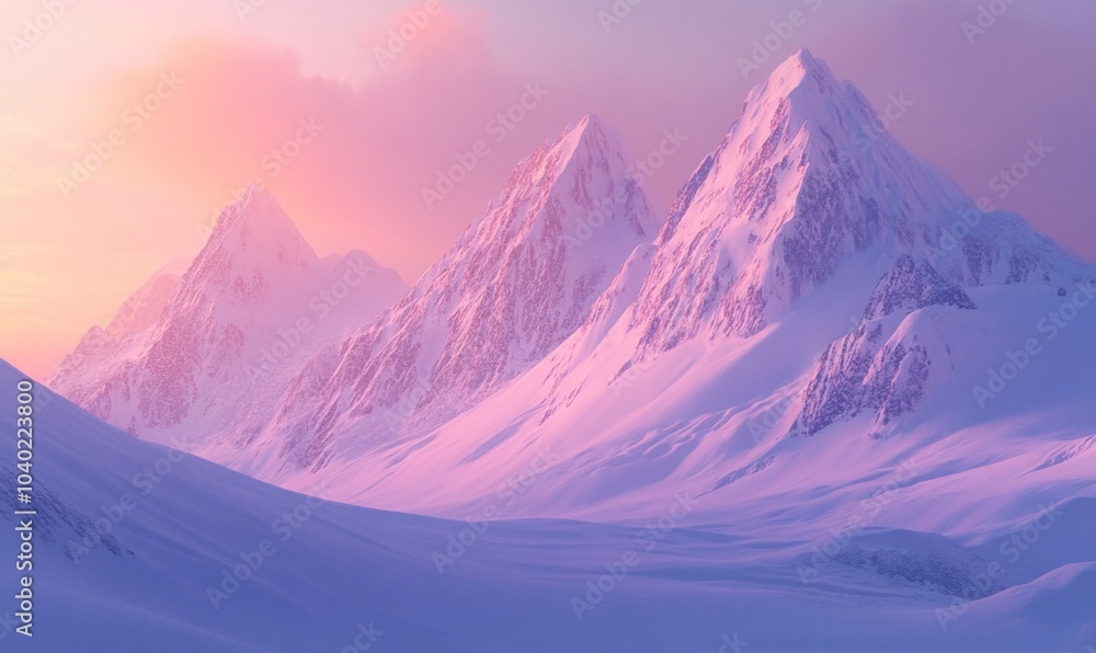 Majestic Snowy Mountain Peaks at Sunrise Glow Majestic Snowy Mountain Peaks at Sunrise Glow