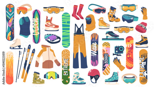 Set of Snow Sport Gear Collection Featuring Snowboards, Skis And Accessories For Winter Activities Perfect For Sports