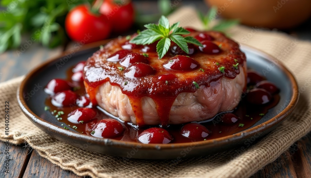 Deliciously glazed meatballs with cherry tomatoes ready to be savored Deliciously glazed meatballs with cherry tomatoes ready to be savored