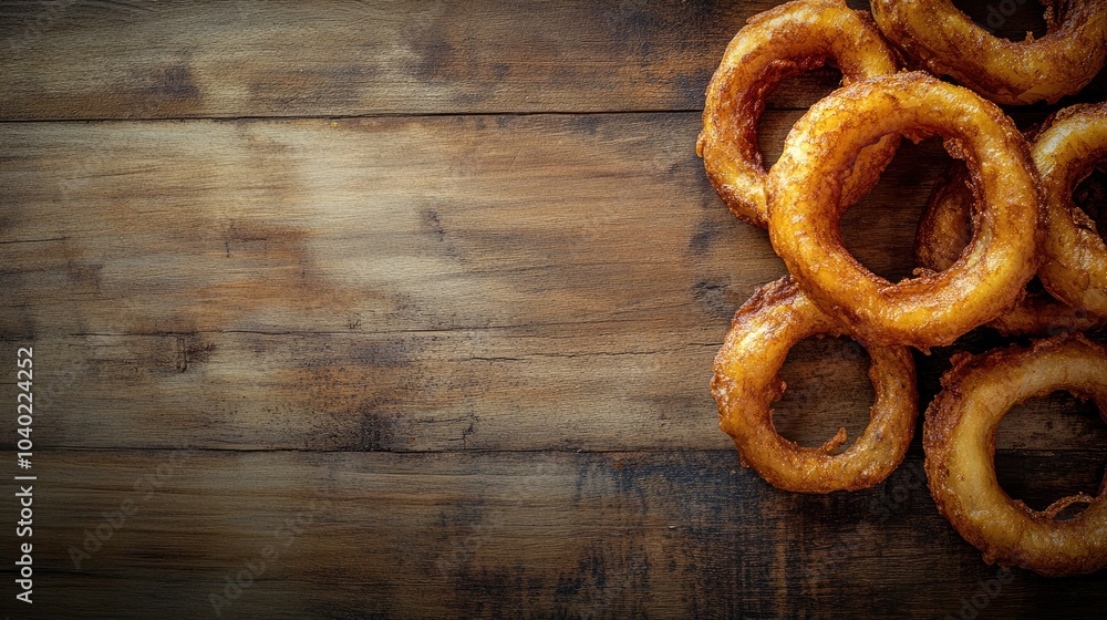 Festival-inspired fried foods like onion rings and fries on a rustic wooden background with ample space for text Festival-inspired fried foods like onion rings and fries on a rustic wooden background with ample space for text