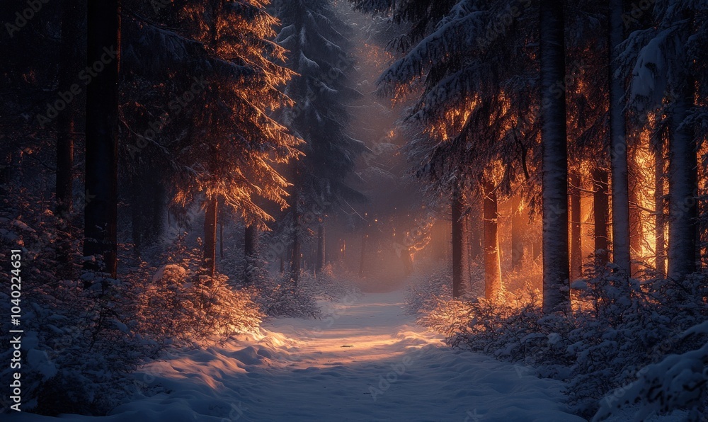 Fototapeta premium Enchanted Winter Forest with Warm Sunset Glow