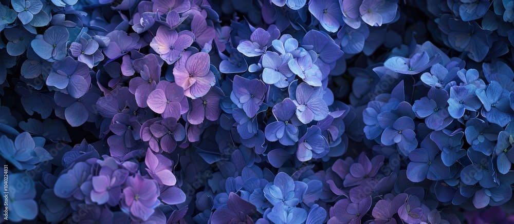 Fototapeta premium A plethora of hortensia flowers in shades of stunning blue or purple color perfect for a copy space image
