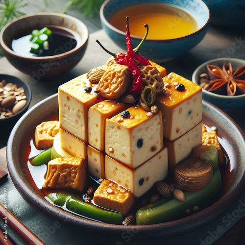 Stinky smelly tofu asian food in ceramic plate on table. photo