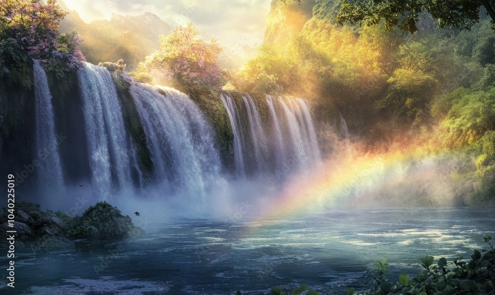 Majestic Waterfall with Rainbow and Lush Foliage Majestic Waterfall with Rainbow and Lush Foliage