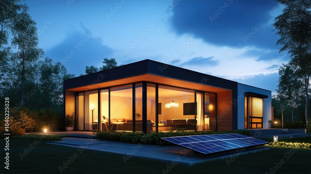 Contemporary House at Night with Solar Panels Contemporary House at Night with Solar Panels