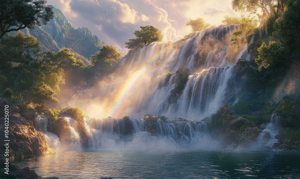 Fototapeta premium Ethereal Waterfall with Rainbow Amidst Lush Nature