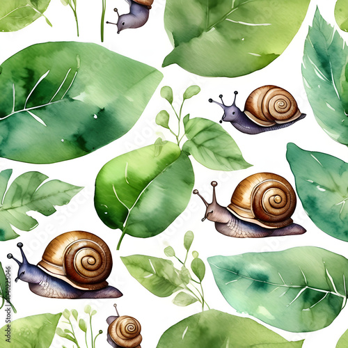 Watercolor seamless pattern of tiny snails crawling on light green leaves. photo