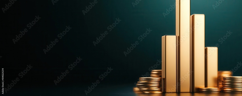 Obraz premium Golden graph bars rising against a dark backdrop, symbolizing financial growth and success, glowing highlights