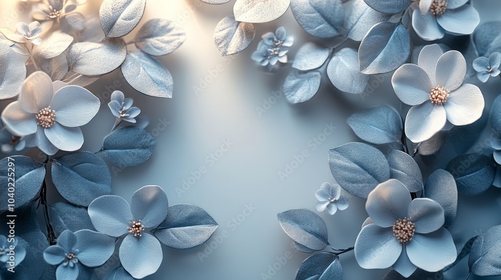 A serene arrangement of blue flowers and leaves on a soft background, evoking tranquility. A serene arrangement of blue flowers and leaves on a soft background, evoking tranquility.