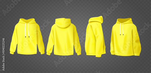 Yellow Hoodie Mockup On Transparent Background Showcasing Four Angles With Realistic Design For Apparel Presentations