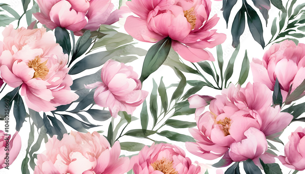 Watercolor seamless pattern of pink peony flowers in light and dark shades arranged on a white background. Watercolor seamless pattern of pink peony flowers in light and dark shades arranged on a white background.