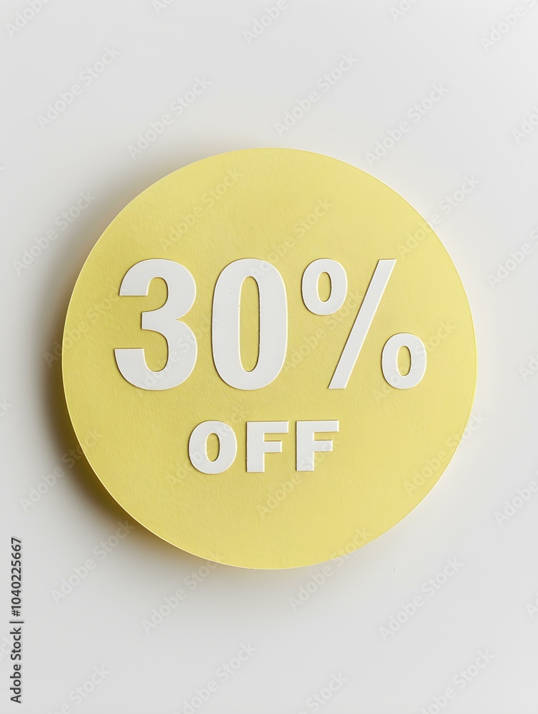 White '30% OFF' Text on a Light Yellow Round Paper Note. White Background White '30% OFF' Text on a Light Yellow Round Paper Note. White Background