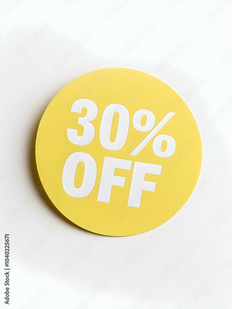 White '30% OFF' Text on a Light Yellow Round Paper Note. White Background White '30% OFF' Text on a Light Yellow Round Paper Note. White Background