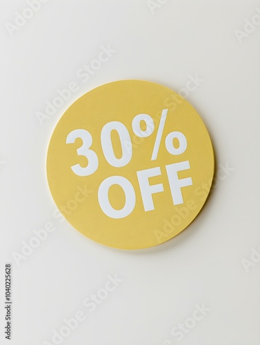 White '30% OFF' Text on a Light Yellow Round Paper Note. White Background 