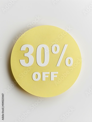 White '30% OFF' Text on a Light Yellow Round Paper Note. White Background 