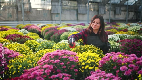 Smiling attractive woman, female gardener with a spray bottle, spraying water on colorful blooming chrysanthemums on a rack in the greenhouse