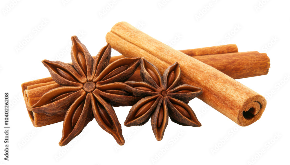 Close-up of Star Anise and Cinnamon Sticks on Transparent Background. Close-up of Star Anise and Cinnamon Sticks on Transparent Background.