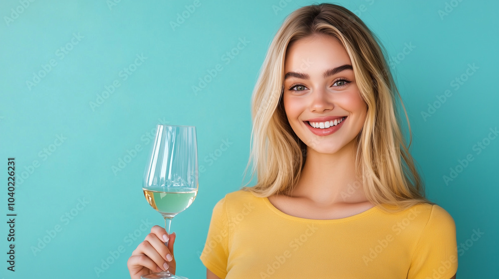 Smiling young blonde holding a glass of white wine against a turquoise background Smiling young blonde holding a glass of white wine against a turquoise background