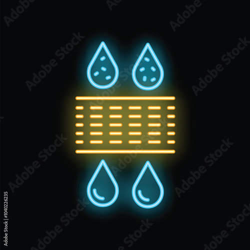 Neon glowing icon of a water filter with water drops going through a membrane, representing water purification
