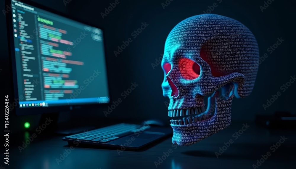 Digital skull with glowing eyes symbolizing tech and cyber security Digital skull with glowing eyes symbolizing tech and cyber security