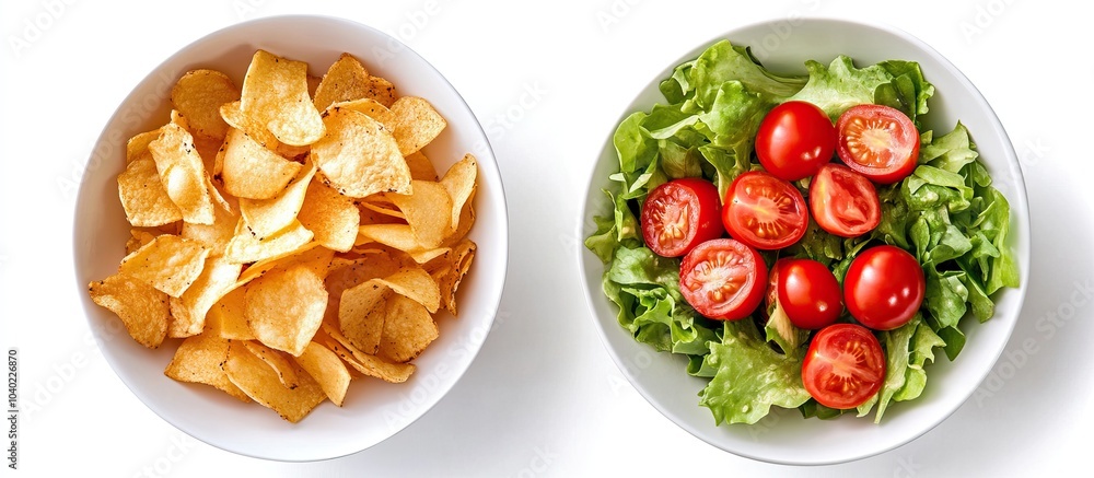 Compared with a crispy potato chip bowl, a fresh salad with tomatoes appears as a split-image Compared with a crispy potato chip bowl, a fresh salad with tomatoes appears as a split-image