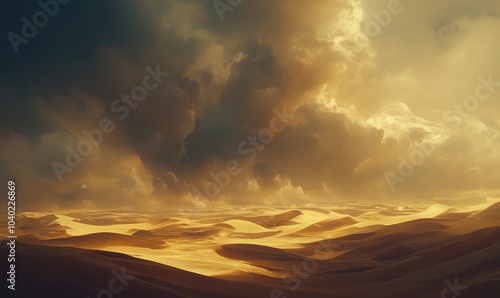 Vast Golden Desert Under Dramatic Sky