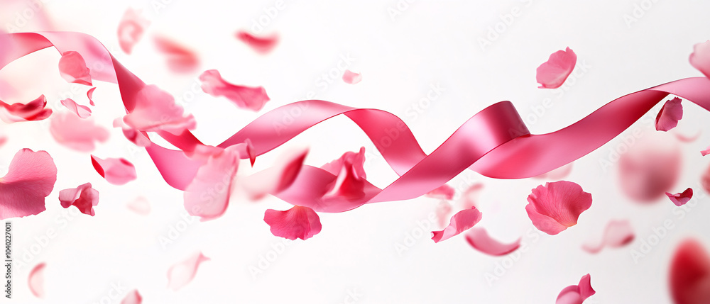 Pink Ribbon and Rose Petals Falling on White Background Pink Ribbon and Rose Petals Falling on White Background