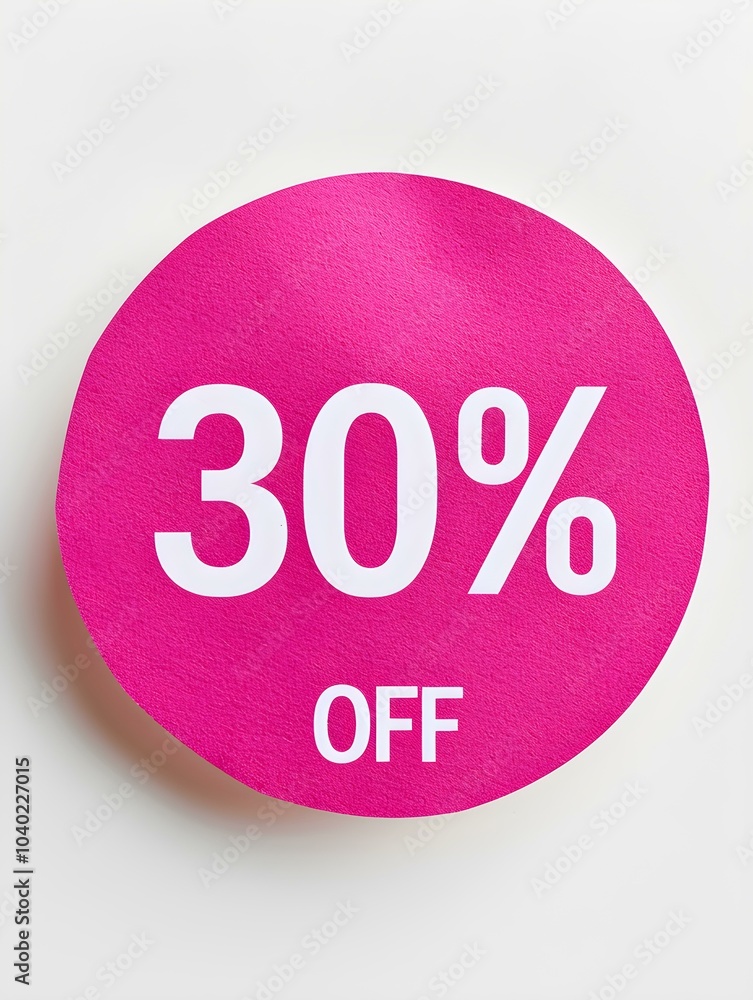 White '30% OFF' Text on a Magenta Round Paper Note. White Background White '30% OFF' Text on a Magenta Round Paper Note. White Background
