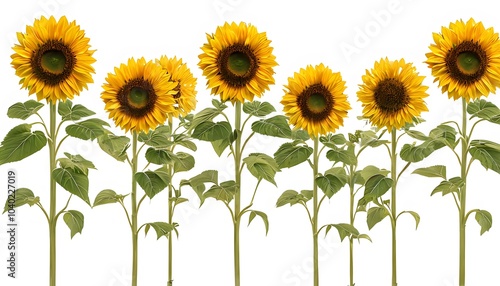 A collection of sunflowers fully visible with long stems and green leaves standing upright against a bright background
