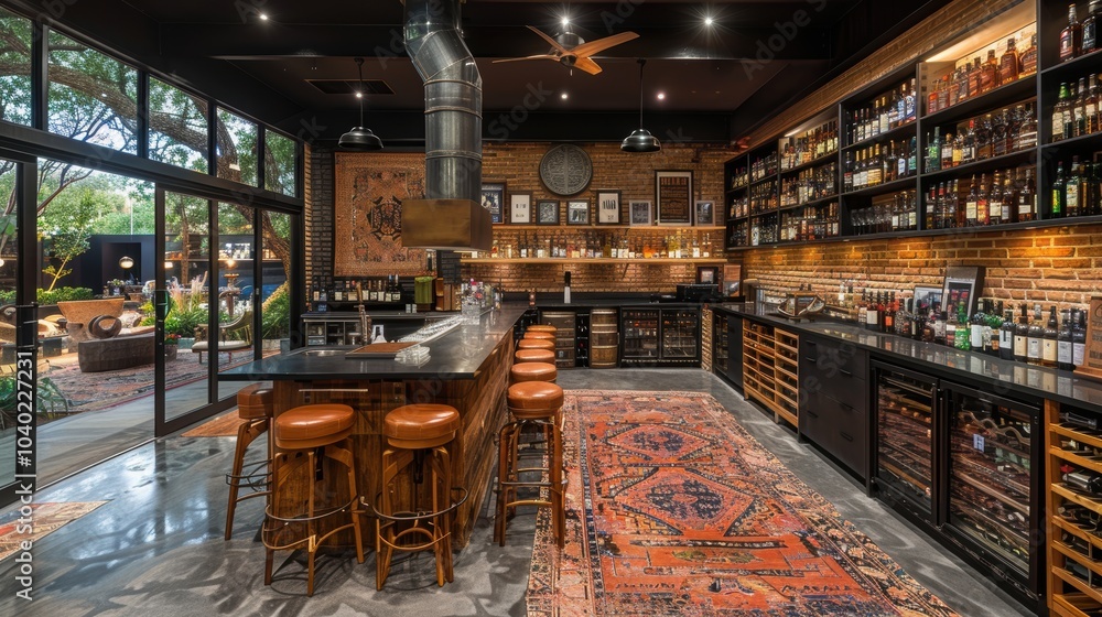A stylish and modern wine bar with a rustic wooden decor, featuring a well-stocked selection of bottles, stools, and cozy seating areas, offering a perfect ambiance for relaxation A stylish and modern wine bar with a rustic wooden decor, featuring a well-stocked selection of bottles, stools, and cozy seating areas, offering a perfect ambiance for relaxation