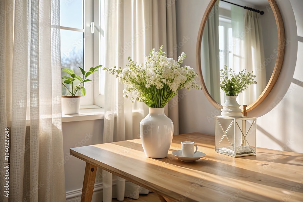 Scandinavian Minimalist Decor with Wooden Table, Slim Vase, and Sunlit Curtains for Modern Interiors Scandinavian Minimalist Decor with Wooden Table, Slim Vase, and Sunlit Curtains for Modern Interiors