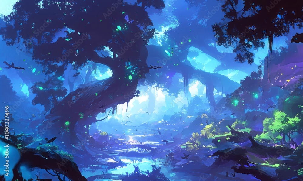 Obraz premium Enchanted Forest with Glowing Lights at Dusk