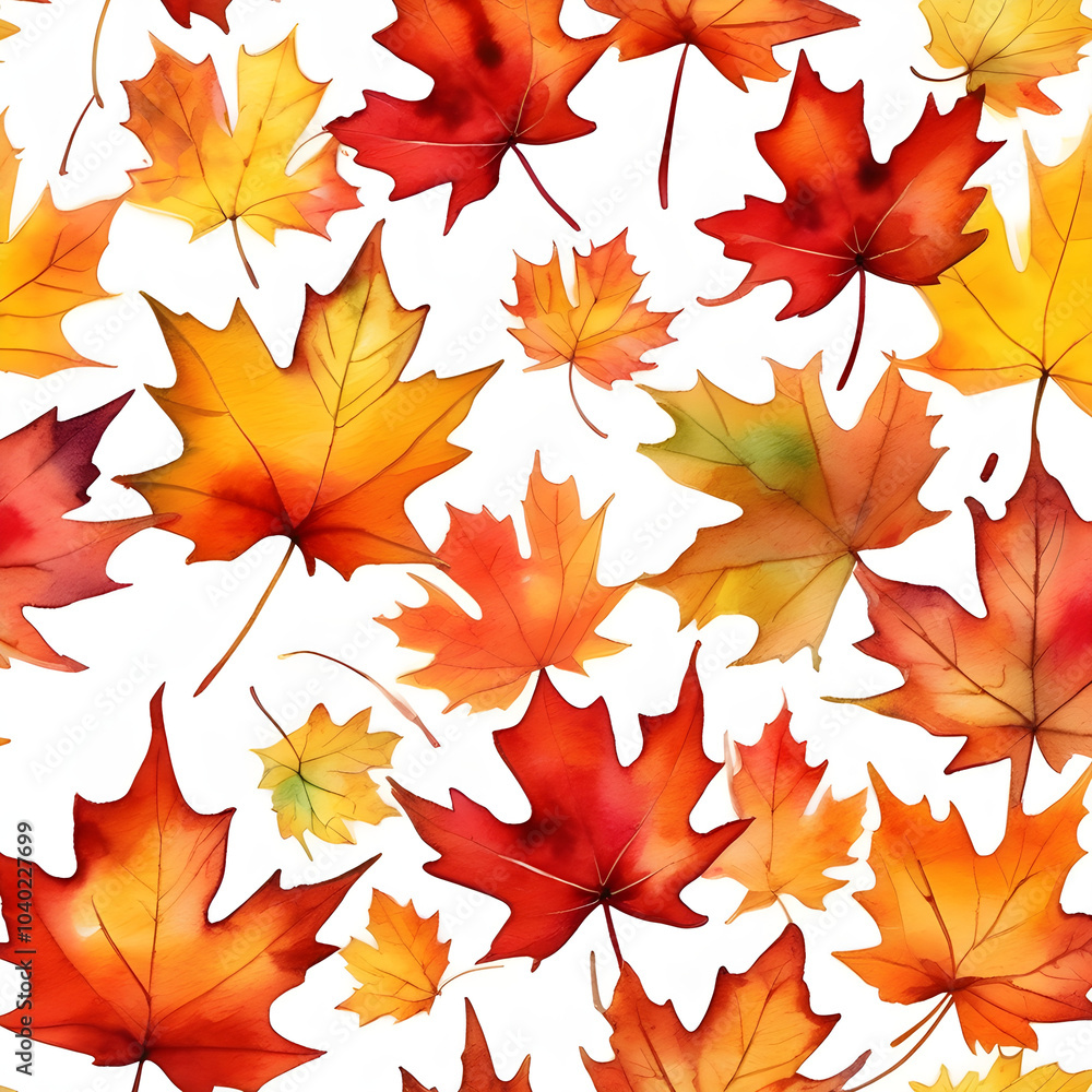 Fototapeta premium Watercolor seamless pattern of red and orange maple leaves in autumn.