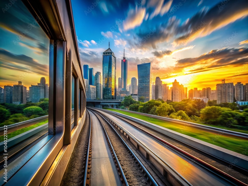 Fototapeta premium Scenic Cityscape View from a Train Window – Urban Journey Photography