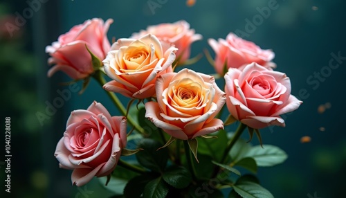  Elegant bouquet of pink roses with green leaves