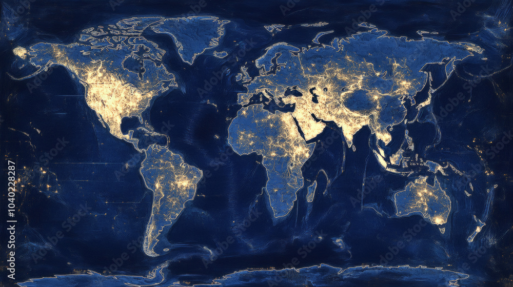 A super map of the world in blue and white colors with major world sites represented by dots of light A super map of the world in blue and white colors with major world sites represented by dots of light