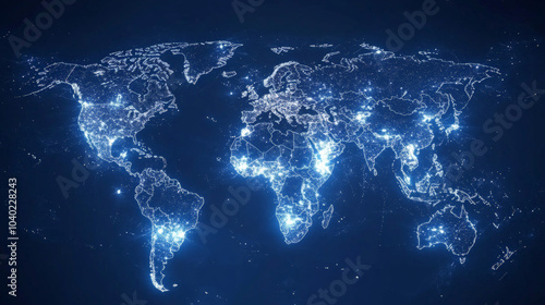 A super map of the world in blue and white colors with major world sites represented by dots of light 