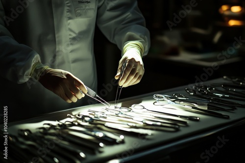 A medical professional in white coat and gloves is organizing shiny surgical equipment on a metallic table under bright lights, setting up for a medical procedure. photo