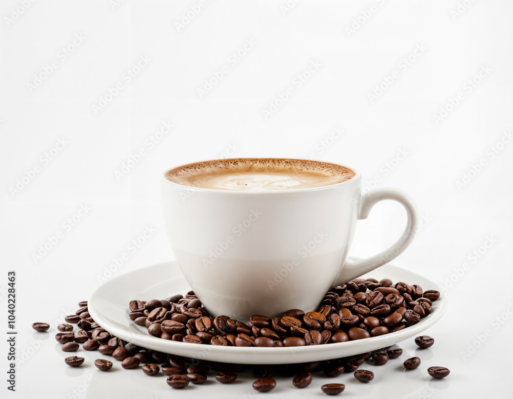 Obraz premium Coffee Mug and Grinded Coffee Beans Concept Photography Isolated on White Background