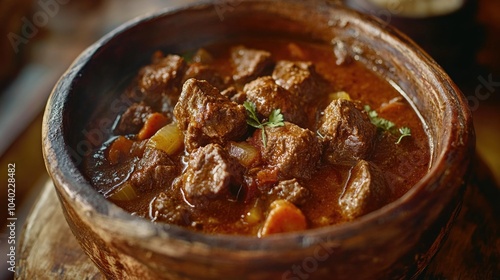 A wooden bowl filled with a variety of meats and vegetables photo