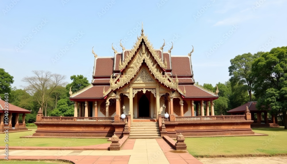 Elegant Thai temple under clear blue sky Elegant Thai temple under clear blue sky