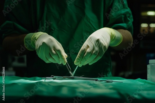 Under the illuminating OR lights, the surgeon’s focus sharpens, guiding precise actions with the surgical instruments for a complex and critical operation. photo