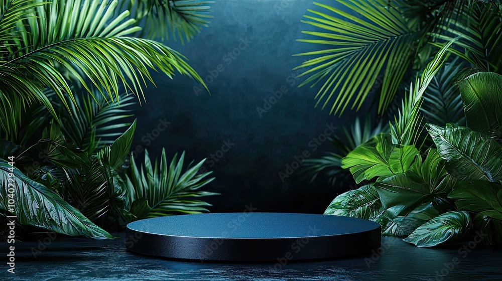 A serene tropical scene featuring a dark platform surrounded by lush green foliage, creating a calming and natural atmosphere. A serene tropical scene featuring a dark platform surrounded by lush green foliage, creating a calming and natural atmosphere.