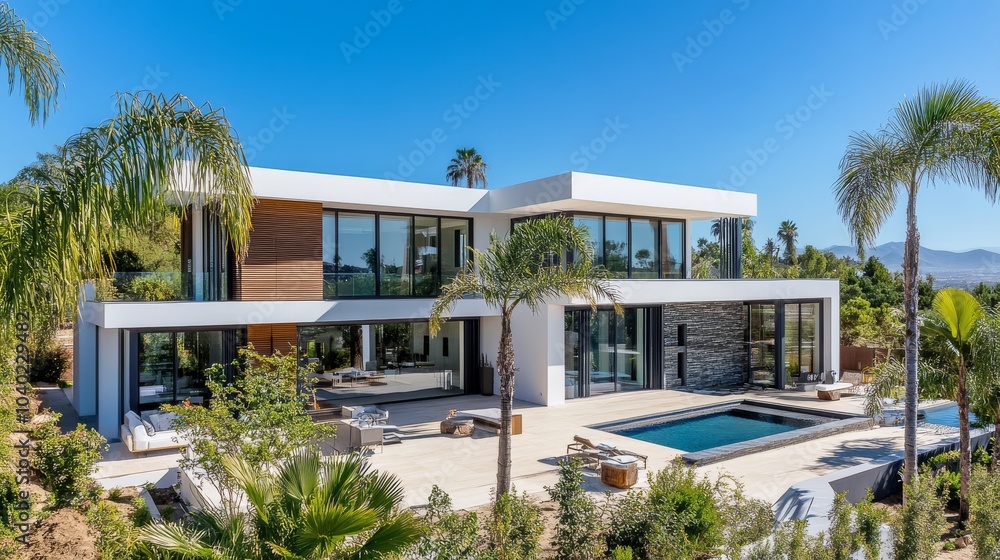 Obraz premium The house is modernly built to the house, includes a terrace, patio and courtyard
