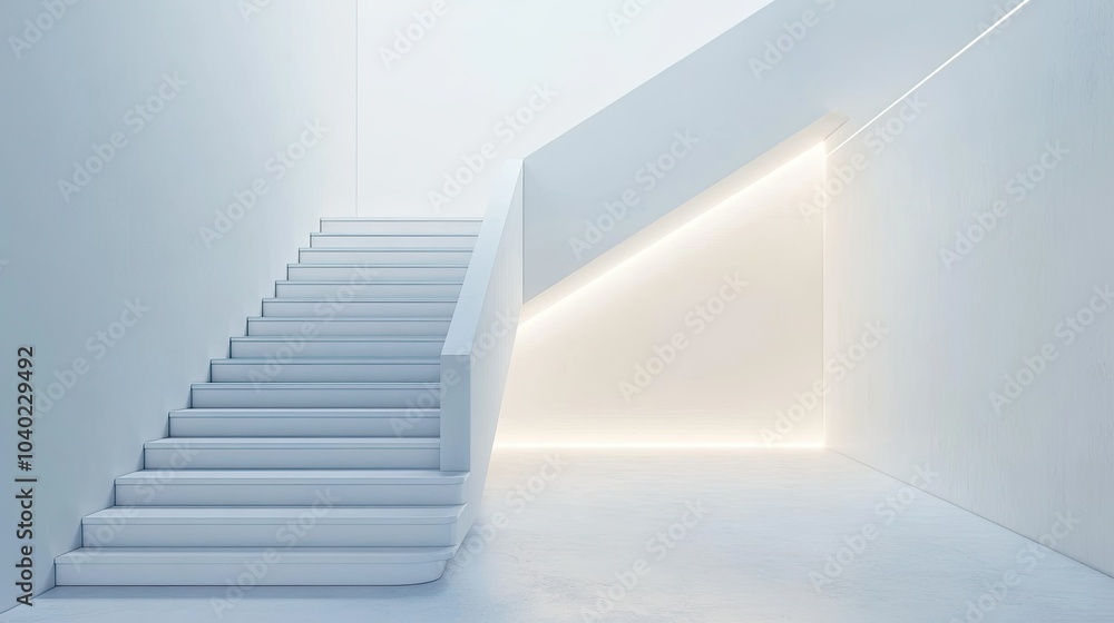 Minimalist white staircase with clean lines and an empty wall for text or branding Minimalist white staircase with clean lines and an empty wall for text or branding